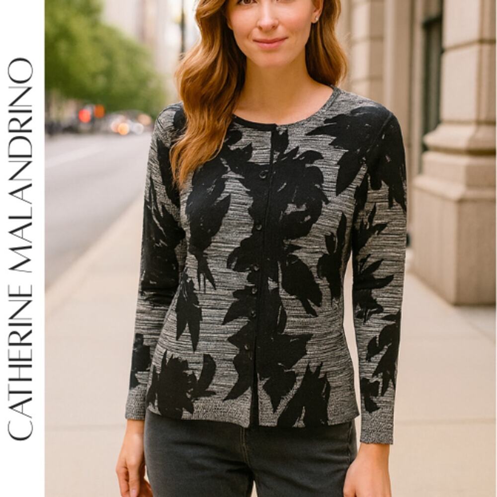 CATHERINE MALANDRINO Gray Floral Cardigan S | Work to Weekend Layer